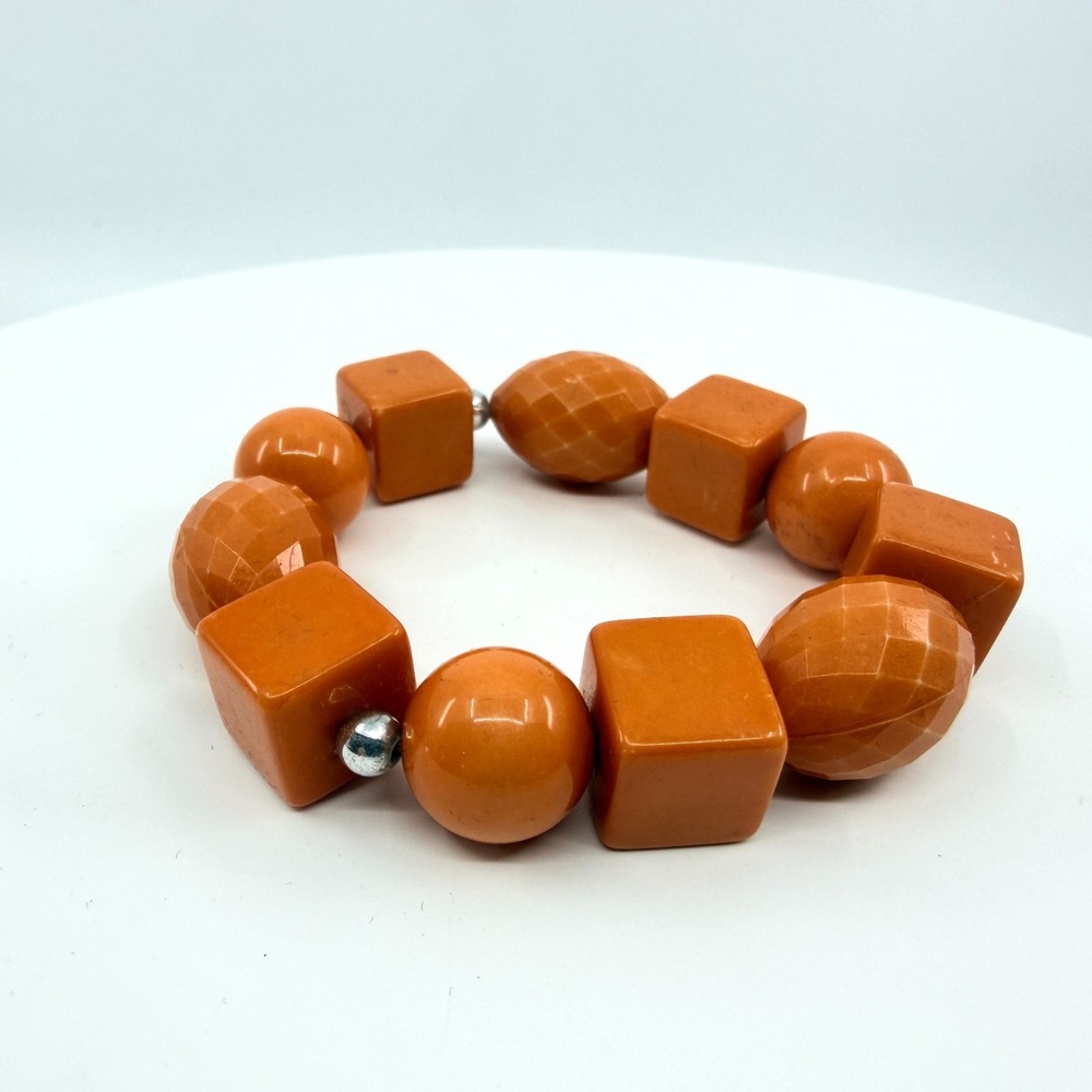 Vintage Y2K Orange Resin Chunky Bead Stretch Bracelet Geometric Statement